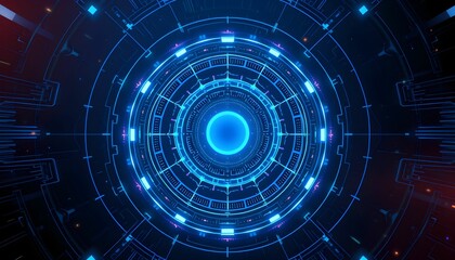 Futuristic holographic interface, circular HUD display, neon blue and purple glow, digital technology, cyberpunk aesthetic