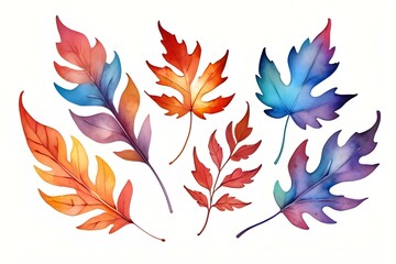 Fototapeta premium Vibrant watercolor autumn leaves in gradient colors from orange to purple and blue, perfect for seasonal designs, greeting cards and fall-themed projects. Isolated on white background.