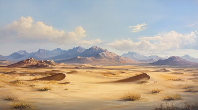 A serene desert landscape with golden dunes, rocky hills and mountains under a cloudy blue sky