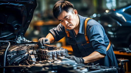 Skilled Asian male auto mechanic repairing car engine