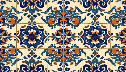 Portuguese azulejo tiles, intricate floral patterns, blue and orange ceramic design, Moorish-inspired motifs, geometric shapes, repeating symmetrical patterns