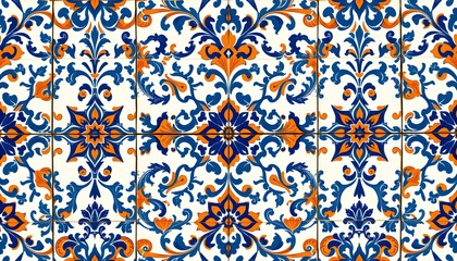 Portuguese azulejo tiles, intricate floral patterns, blue and orange ceramic design, Moorish-inspired motifs, geometric shapes, repeating symmetrical patterns, ornate decorative elements
