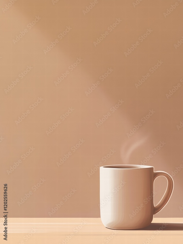 Poster mug with steaming coffee on wooden table highlighting minimalist style in soft light. generative ai