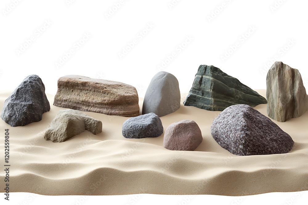 Poster varied rock formations arranged on a smooth sand surface isolated on a white background