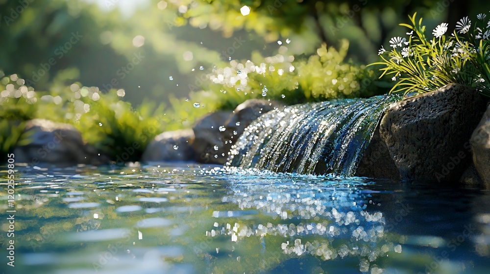 Aufkleber serene waterfall cascading over rocks into a calm pond, sunlight filtering through lush greenery.