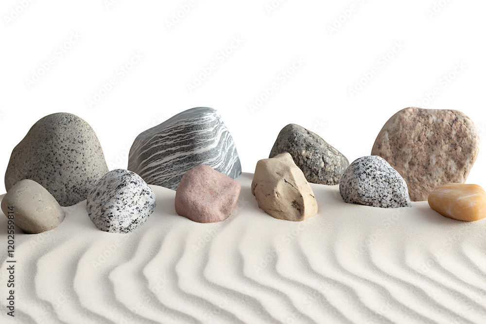 Poster varied rock formations arranged on a smooth sand surface isolated on a white background