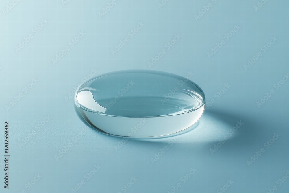 Aufkleber clear glass disc resting on a soft blue surface reflecting a gentle light in a minimalist setting. g