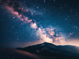 A serene mountain scene with long exposure capturing circular star trails across the night sky,...