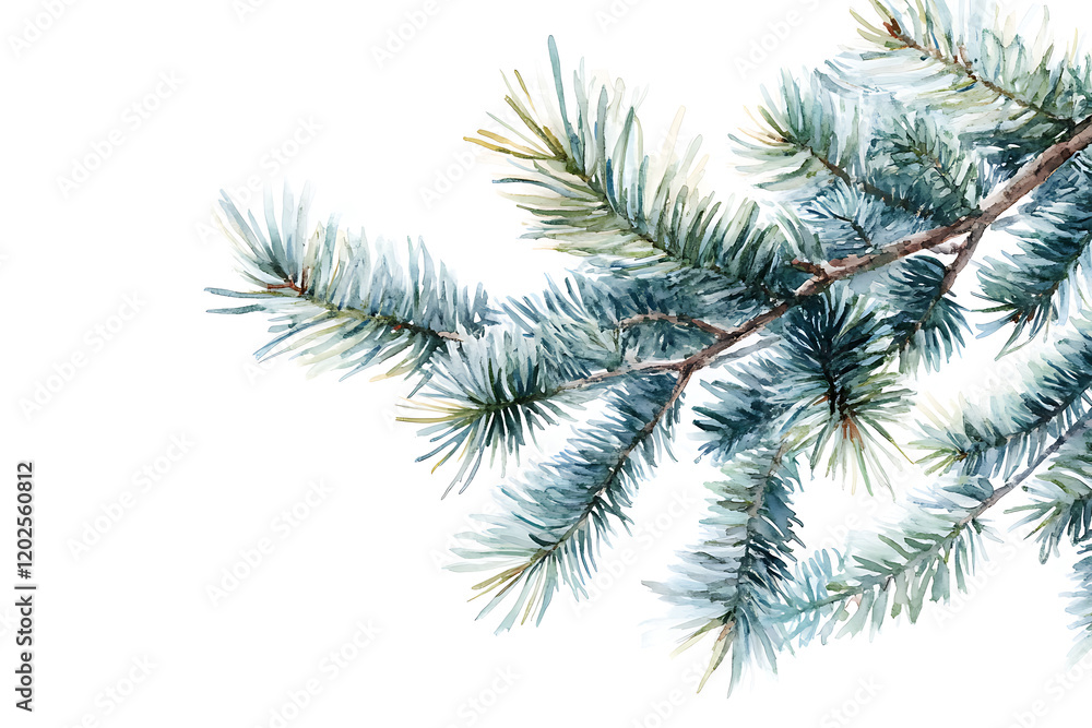 Poster watercolor drawing of a evergreen fir tree branch isolated on a white background