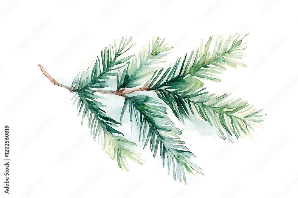 Poster watercolor drawing of a evergreen fir tree branch isolated on a white background