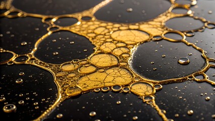 A detailed macro shot of golden oil and water bubbles on a black background. A mesmerizing abstract...