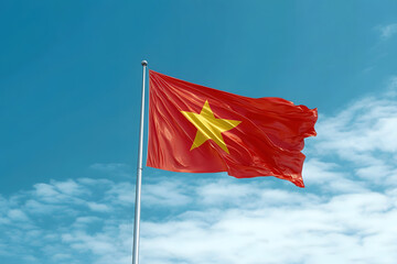 Waving flag of Vietnam in blue sky. Vietnam flag for Republic Day and Independence Day.