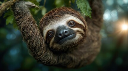 Fototapeta premium Adorable sloth hanging on rainforest tree branch, sunlit background, wildlife conservation