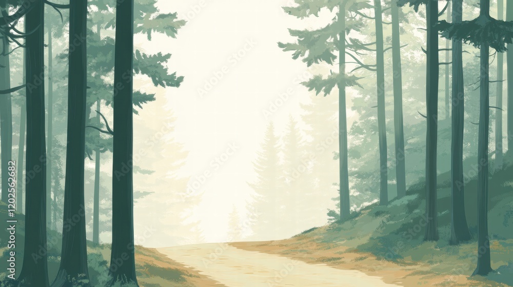 Poster winding forest trail meanders through tall trees in a serene woodland setting during the early morni