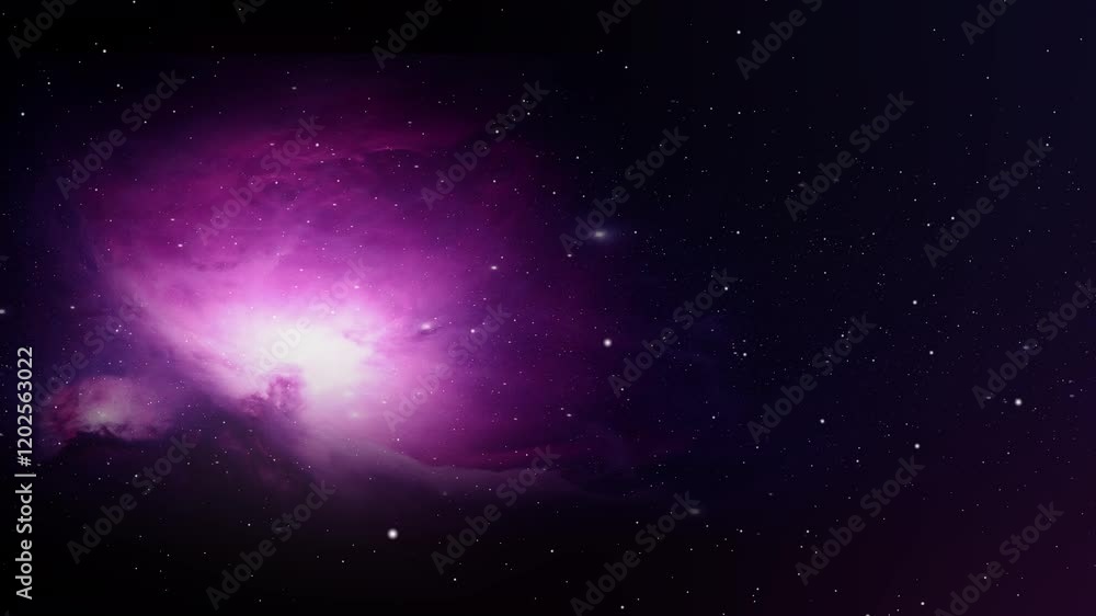 Wall mural flying past a large purple nebula in deep space. stars float past camera from right to left.