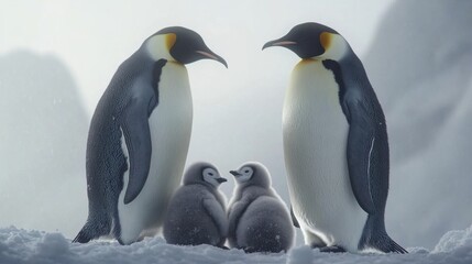 Obraz premium Emperor penguins with chicks on snowy landscape