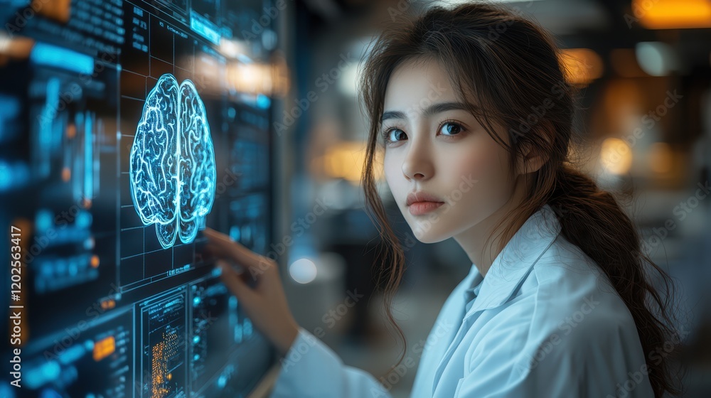 Poster a scientist in a white coat looks at a tablet computer with a digital representation of a human brai
