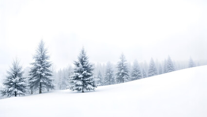 Scenic snowy landscape with evergreen trees and mountains, ideal for winter or holiday themes. Generative AI