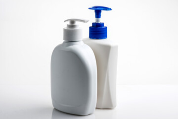 Mockup of white plastic bottle for liquid soap or shampoo with blank label.