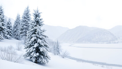 Naklejka premium Scenic snowy landscape with evergreen trees and mountains, ideal for winter or holiday themes. Generative AI
