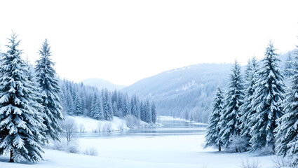 Scenic snowy landscape with evergreen trees and mountains, ideal for winter or holiday themes. Generative AI
