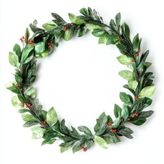 Fototapeta premium Festive green leafy wreath with red berries