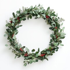 Fototapeta premium Festive green leaf wreath with red berries