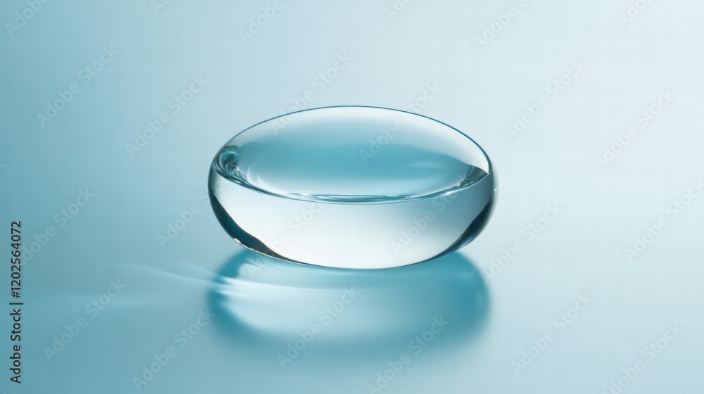 Poster clear water droplet resting on smooth surface reflecting soft blue light. generative ai