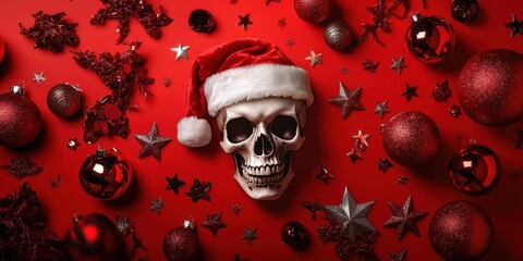 Festive skull with santa hat and ornaments