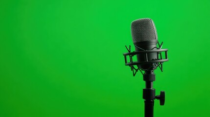 Black studio microphone on a green screen background perfect for broadcasting or recording
