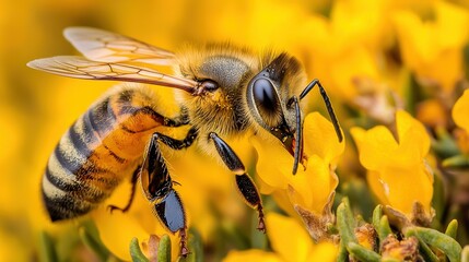   A clear photo of a bee on a yellow flower against a blurred background of more yellow flowers