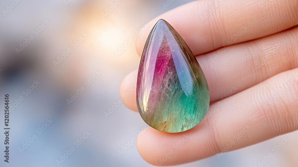 Poster natural tourmaline cabochon showcasing vibrant hues of color and unique patterns in hand