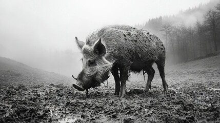   A photo of a wild boar in a field on a foggy day surrounded by trees in black and white