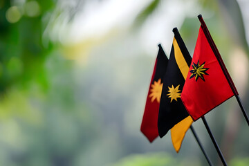 Small flags of Papua New Guinea on a blurred background