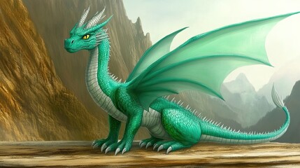 Obraz premium Majestic Emerald Dragon Perches on Rocky Outcrop Overlooking a Vast Valley at Dawn