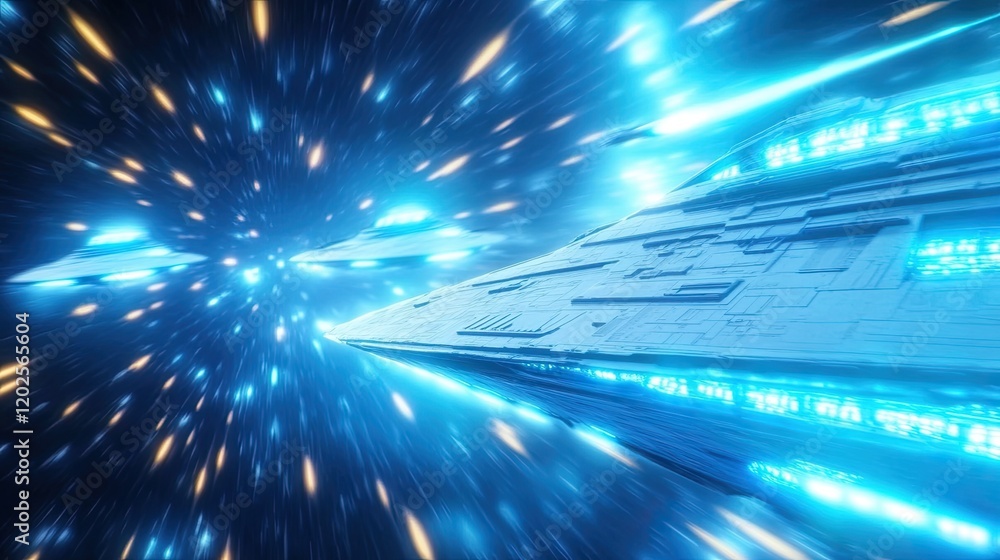 Poster exploring the vastness of space aboard shadow fleet's advanced starship in a warp drive journey