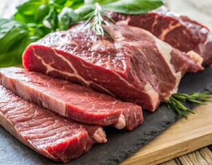 Obraz premium Raw Beef Cuts Prepared for Gourmet Cooking, Showcasing Quality and Freshness