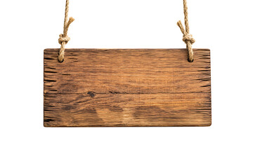 Wooden sign hanging on a rope isolated on a white background