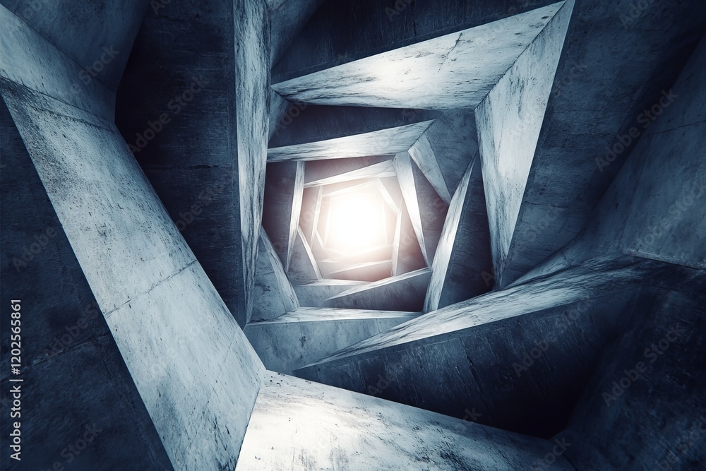 Poster futuristic geometric tunnel with intricate concrete panels and glowing light creating depth
