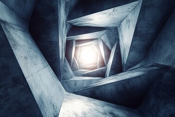 Fototapeta premium Futuristic geometric tunnel with intricate concrete panels and glowing light creating depth