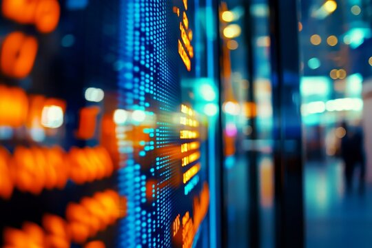 Dynamic stock market visualization with blurred candlestick charts and futuristic blue theme design - Powered by Adobe