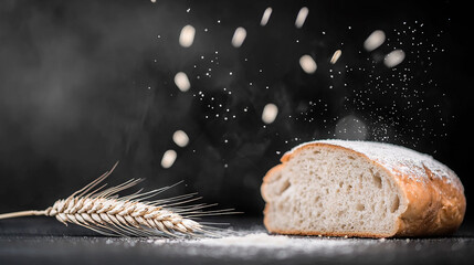   A loaf of bread rests atop a table next to scattered grains