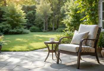 Obraz premium Tranquil Backyard Patio with Coffee and Cozy Ambiance