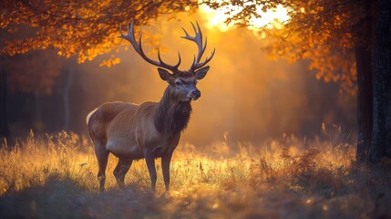 Majestic stag sunset autumn forest wildlife nature