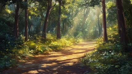 Obraz premium Golden sunlight on a serene forest path