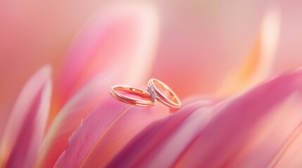 Gold rings on pink feather with pastel bokeh