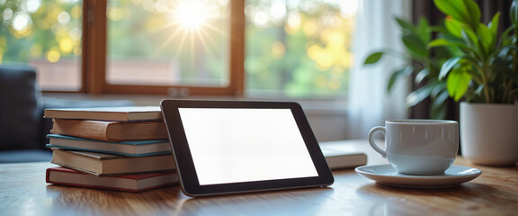 Cozy tablet mockup on stack of books in sunny living room, relaxation