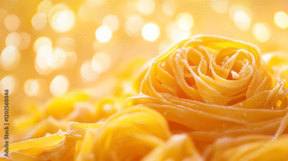 Poster close-up of a nest of golden pasta, illuminated by a warm, bokeh background.
