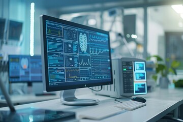 Naklejka premium Advanced data analytics displayed on monitor, innovation in technology, futuristic interface.