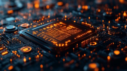 An AI-driven system managing governance with a glowing data feed and legal symbols. 380